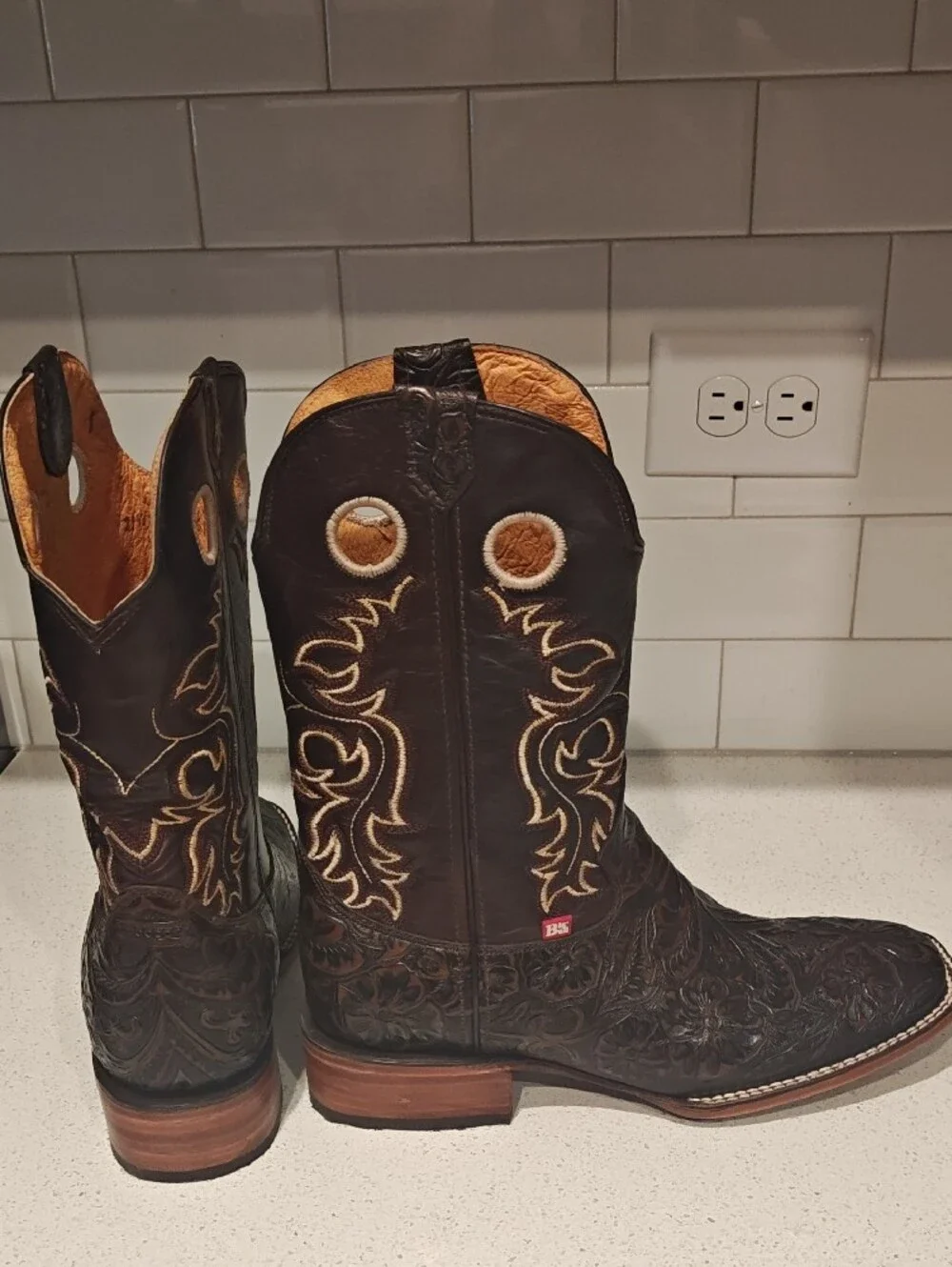 Big Bull Dark Brown Leather Western Boots with Tooled Leather - Never Been Worn